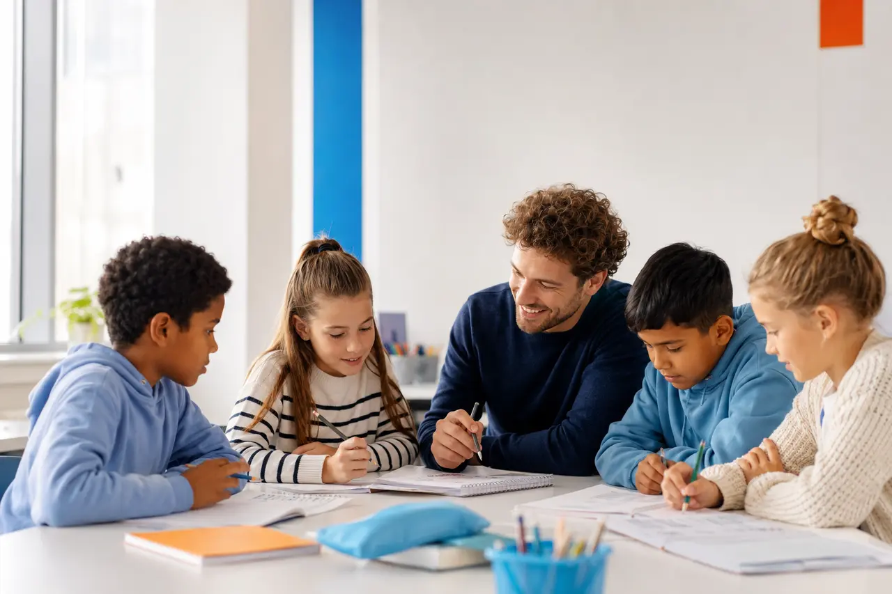 Leerlingen krijgen bijles in een kleine groep